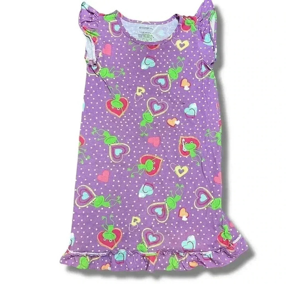 🌟 Xhilaration Girls Pajama Gown L Purple Frog & Heart Print Short Sleeve 🌟 - Picture 1 of 4